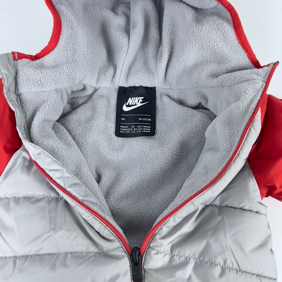 Nike Baby 3 Mo Fleece Lined Full Zip Puffer Snowsuit Atmosphere Gray Red Hooded - Picture 4 of 7